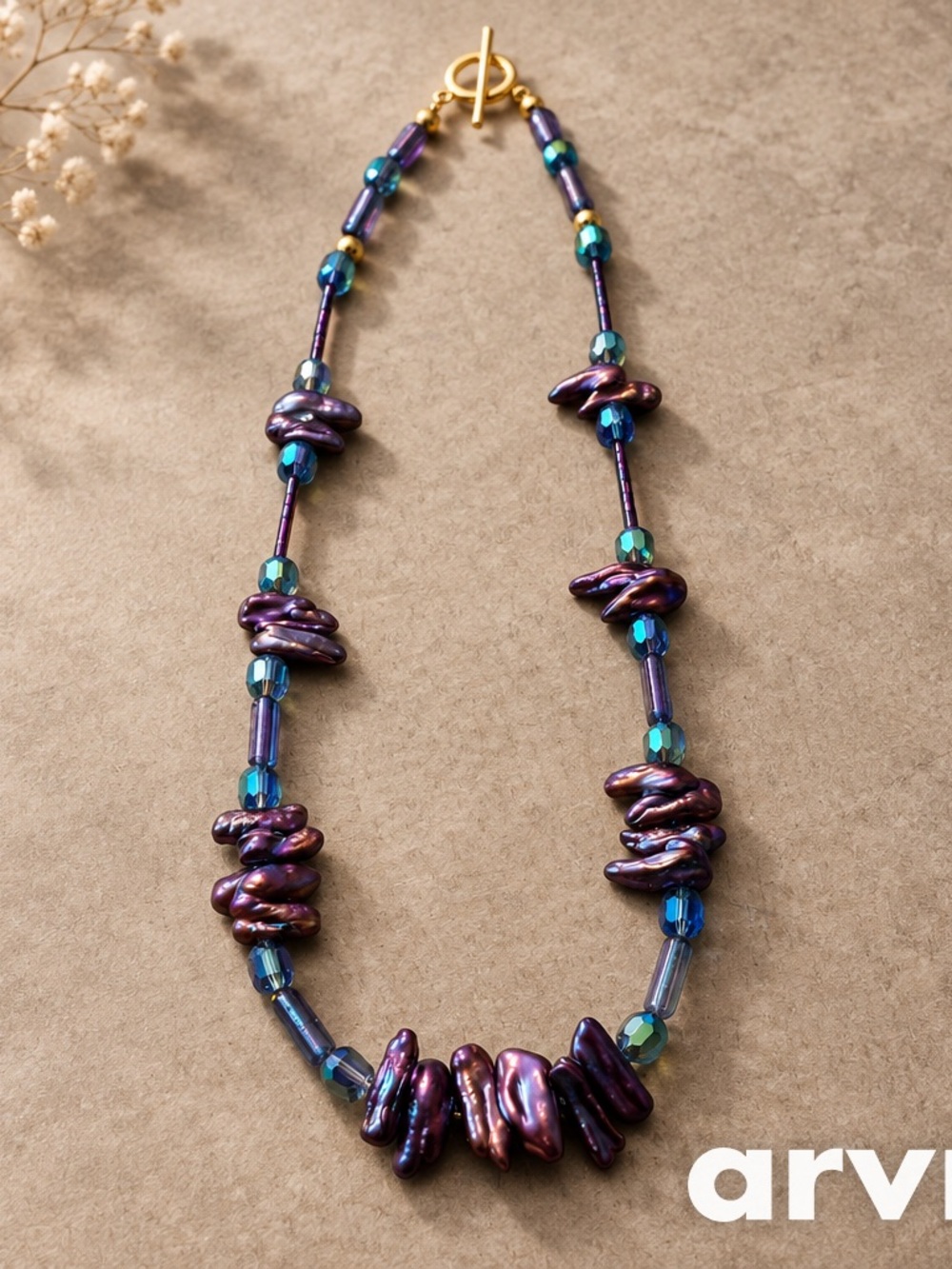 Iridescent Purple and Blue Beads and pearls Necklace